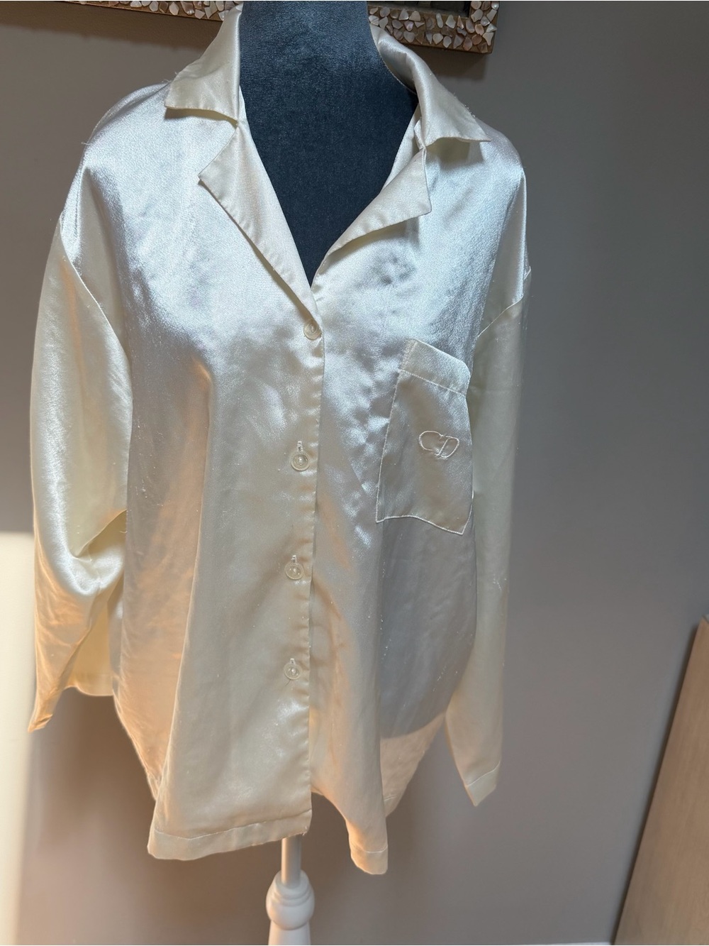 Vintage Christian Dior cream white satin medium pajama set 2 piece loungewear